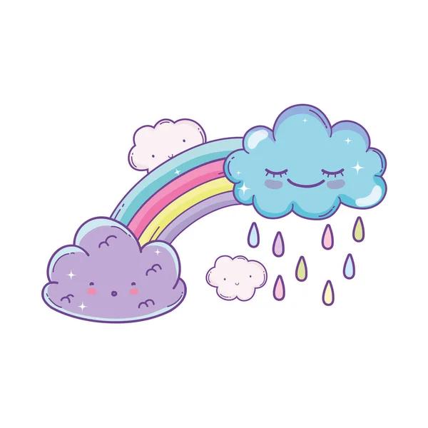 Wolken Glimlachend Regent Met Regenboog Cute Cartoons Vector Illustratie Grafisch — Stockvector