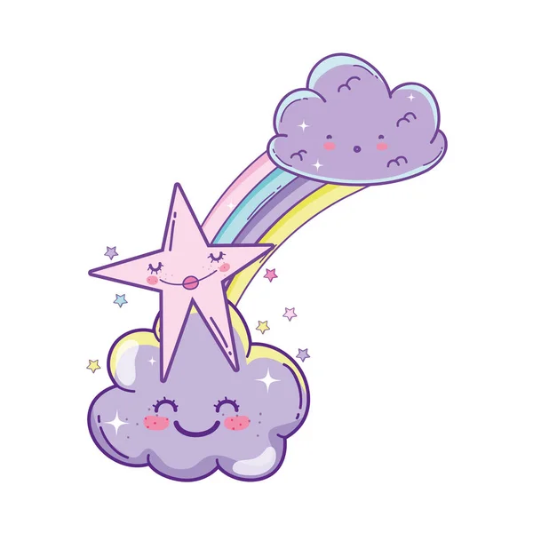 Nuvens Estrelas Com Desenhos Animados Arco Íris —  Vetores de Stock
