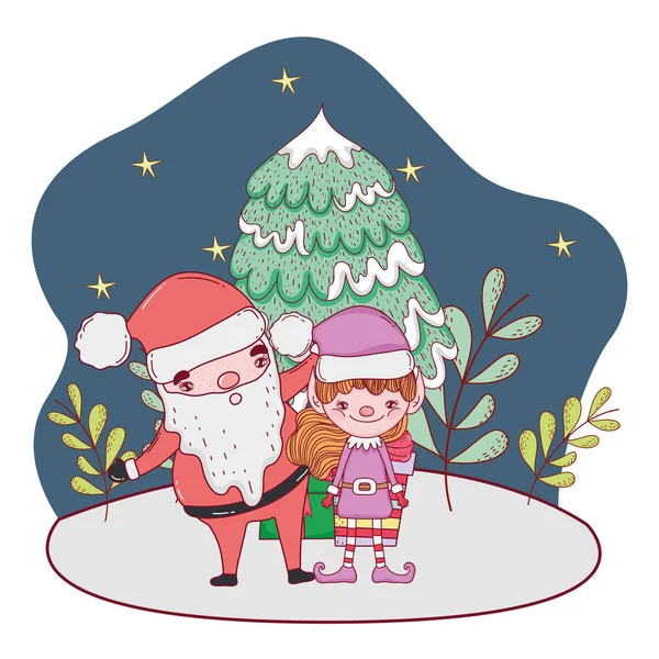 Kerstman Met Boom Helper Snowscape Vectorillustratie — Stockvector