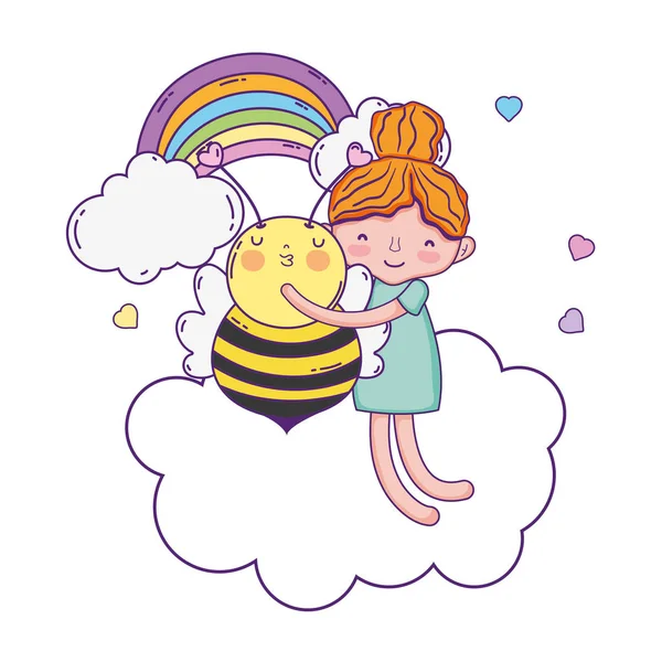 小女孩与蜜蜂卡瓦伊字符向量插图设计 — 图库矢量图片