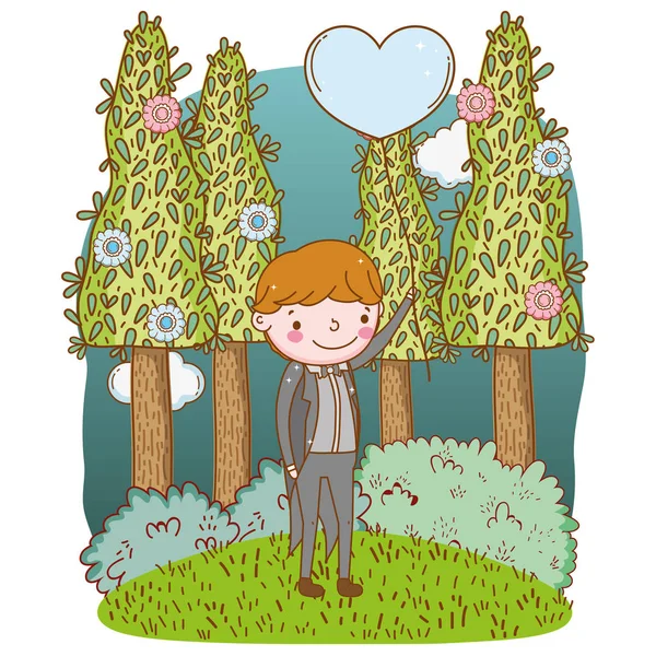 Groom Wedding Balloon Cute Cartoon Forest Trees Vector Illustration Graphic — Stock Vector
