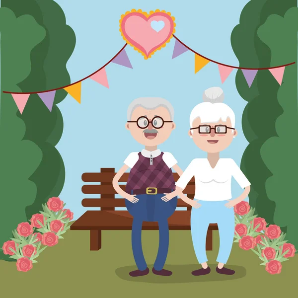 祖父母年迈可爱的夫妇在板凳卡通矢量插图图形设计 — 图库矢量图片