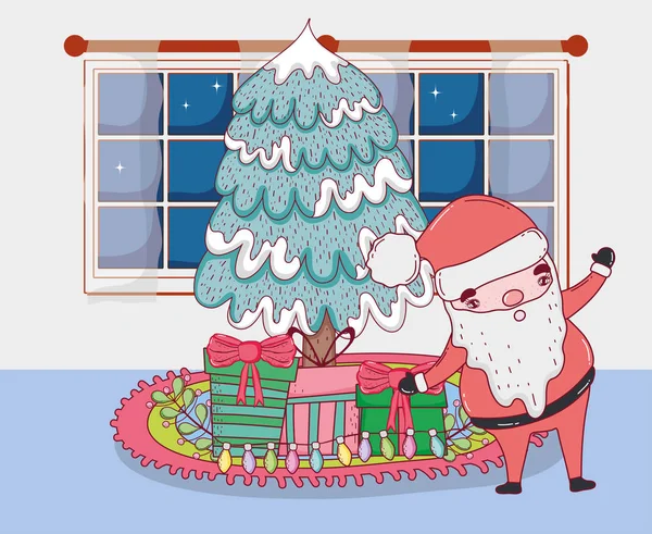 Mignon Noël Père Noël Claus Avec Arbre Pin Vecteur Illustration — Image vectorielle