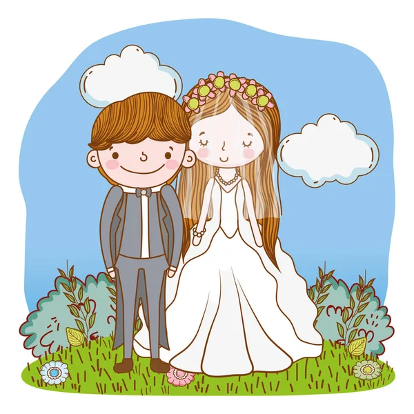 Casamento Casal Natureza Paisagem Bonito Desenho Animado Vetor Ilustração Gráfico — Vetor de Stock