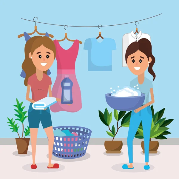 妇女在洗衣房与用具动画片向量例证图图形设计 — 图库矢量图片