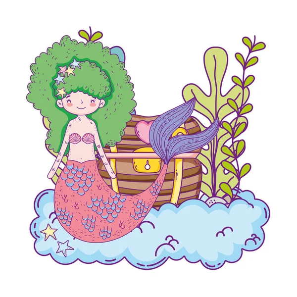 Cute Mermaid Treasure Chest Undersea Vector Illustration Design — Stock Vector