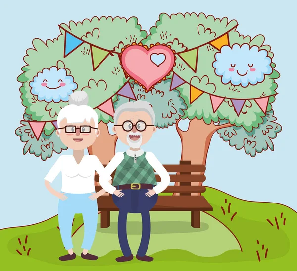 祖父母の愛公園漫画ベクトル イラスト グラフィック デザインで一緒にカップル — ストックベクタ
