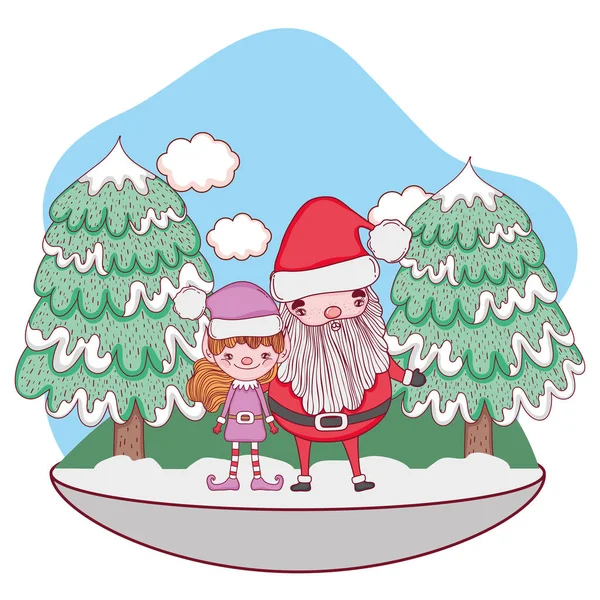 Weihnachtsmann Mit Baum Und Helfer Schneelandschaftsvektorbild — Stockvektor
