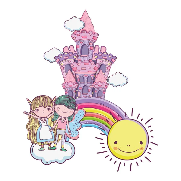 Niedliche Kleine Feen Paar Mit Schloss Und Regenbogen Vektor Illustration — Stockvektor