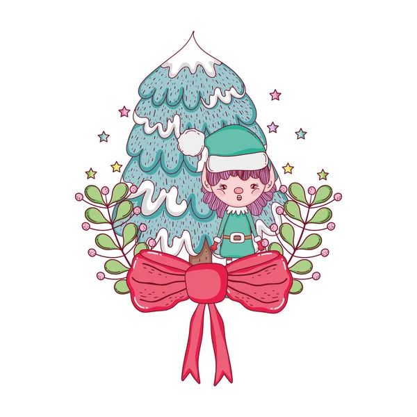 Schattig Santa Helper Met Pine Tree Vector Illustratie Ontwerp — Stockvector