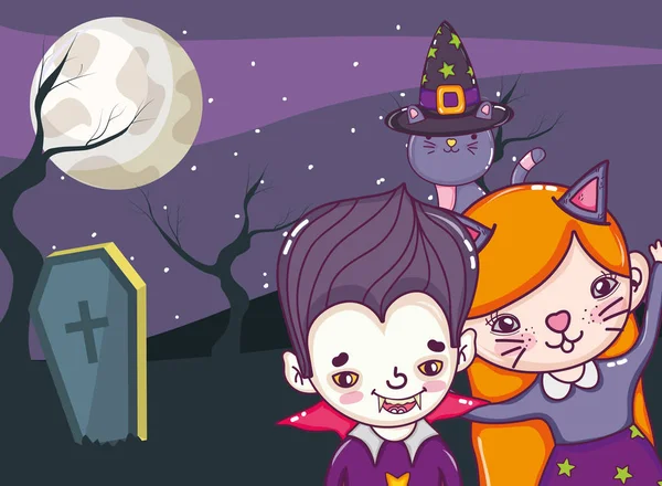 Halloweenfirande Barn Med Kostymer Natten Karikatyrerna Vektor Illustration Grafisk Design — Stock vektor