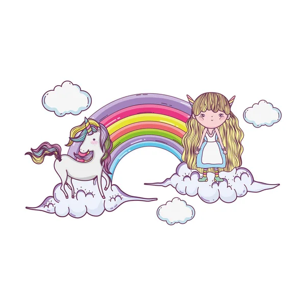 Niedliche Kleine Fee Mit Regenbogen Und Einhorn Vektor Illustration Design — Stockvektor