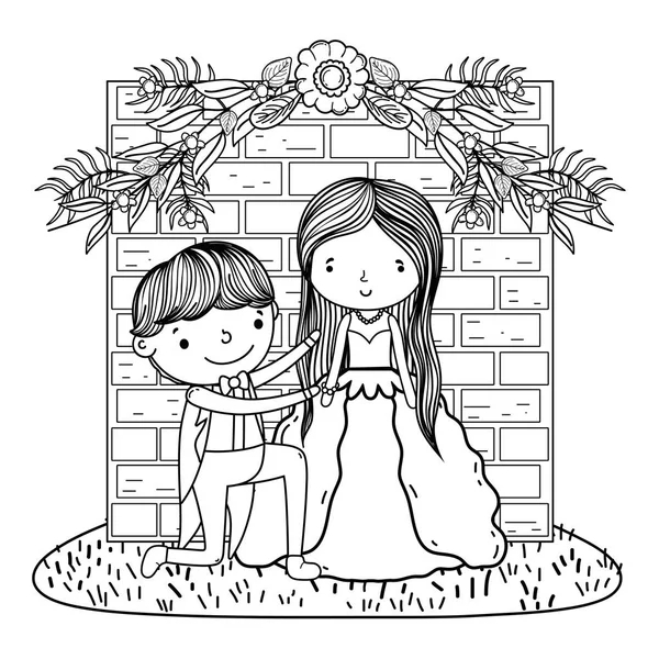 Pareja Boda Sobre Ladrillos Pared Lindo Vector Dibujos Animados Ilustración — Archivo Imágenes Vectoriales