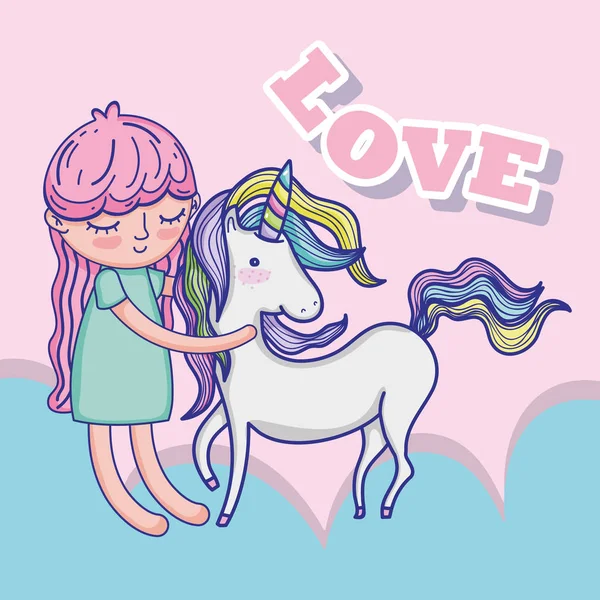 Chica Con Unicornio Nubes Lindo Vector Dibujos Animados Ilustración Diseño — Vector de stock