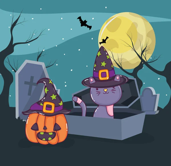 Gato Halloween Com Elementos Assustadores Bonitos Noite Ilustração Vetorial Design — Vetor de Stock