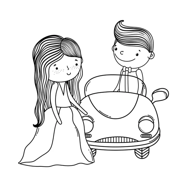 Mariage Couple Mariage Sur Voiture Vintage Mignon Dessin Animé Vectoriel — Image vectorielle