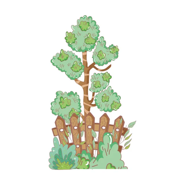 Baumpflanze Mit Zaun Und Buschvektor Illustration Design — Stockvektor
