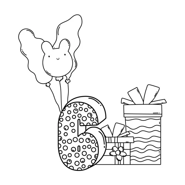 Geburtstagsgeschenkboxen Mit Luftballons Und Nummer Sechs Cartoons Vektor Illustration Grafik — Stockvektor