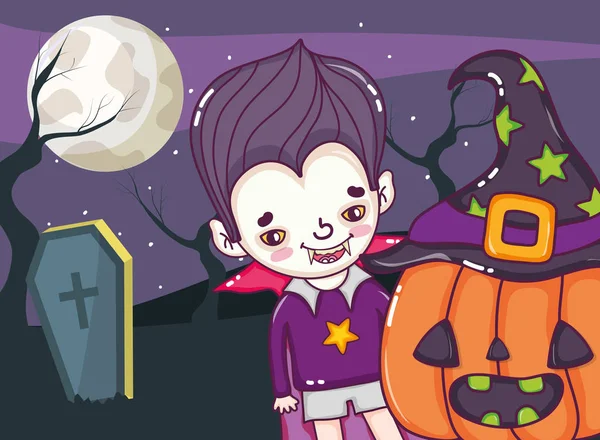 Halloween Celebração Vampiro Menino Noite Desenhos Animados Vetor Ilustração Gráfico — Vetor de Stock