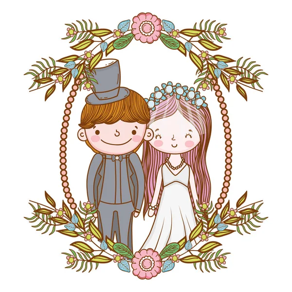 Couple Mariage Mignon Portrait Feuilles Cadre Vectoriel Illustration Conception Graphique — Image vectorielle