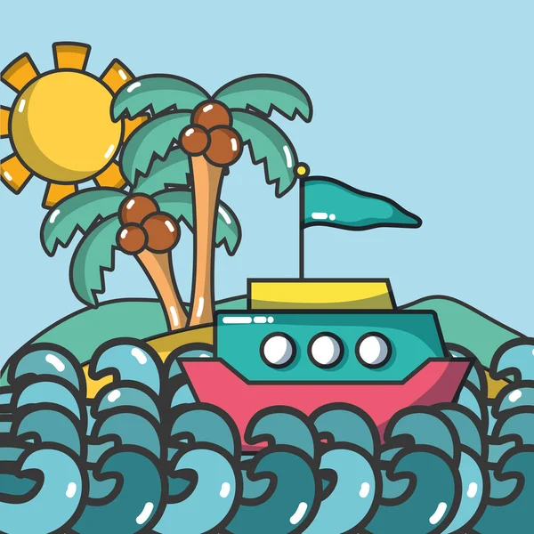 Boot Navigiert Auf See Und Strand Vektor Illustration Grafik Design — Stockvektor