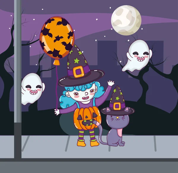 Halloween Heks Meisje Met Kat Spoken Tekenfilms Vector Illustratie Grafisch — Stockvector