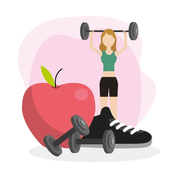 Junge Frau Gewichtheben Gesunder Lebensstil Karikatur — Stockvektor