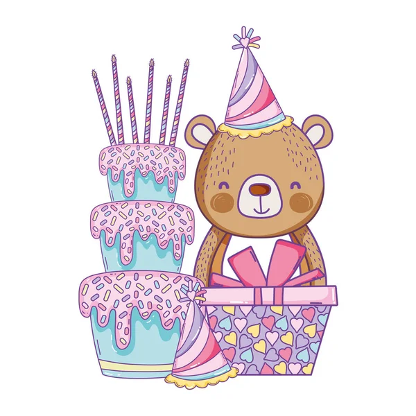 Feliz Aniversário Urso Com Caixa Presente Bolo Chapéu Desenho Animado — Vetor de Stock