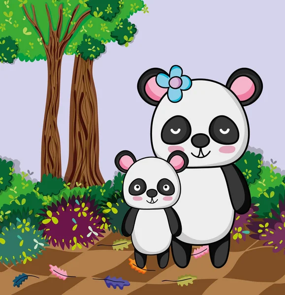 Cute Panda Bears Family Jungle Cartoons Vector Illustration Graphic Design — Stock Vector