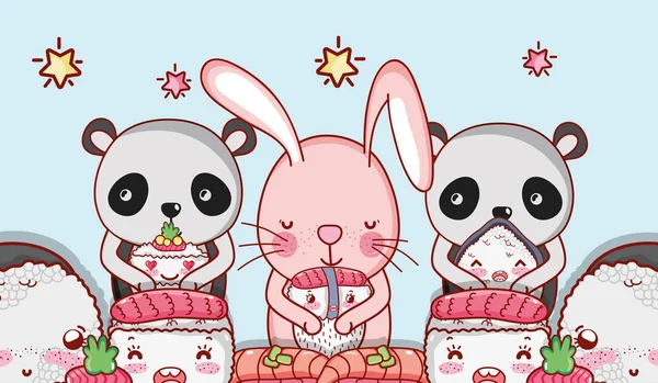 Panda Osos Conejo Con Comida Japonesa Kawaii Dibujos Animados — Archivo Imágenes Vectoriales