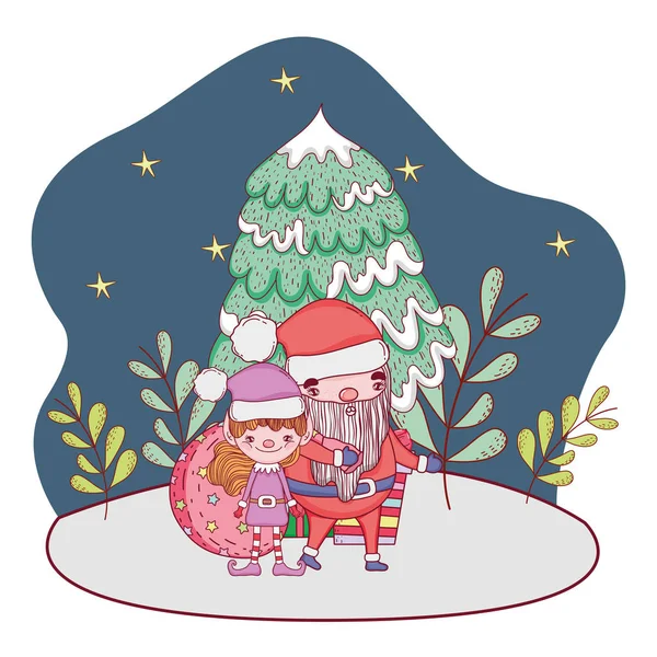 Санта Клаус Деревом Помічником Сніжному Пейзажі Векторні Ілюстрації — стоковий вектор
