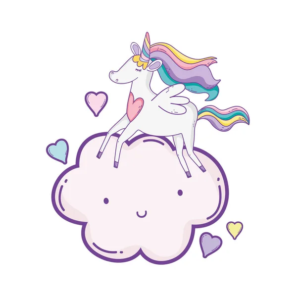 Unicorn Flying Clouds Hearts Cute Cartoons Vector Illustration Graphic Design — Stock Vector