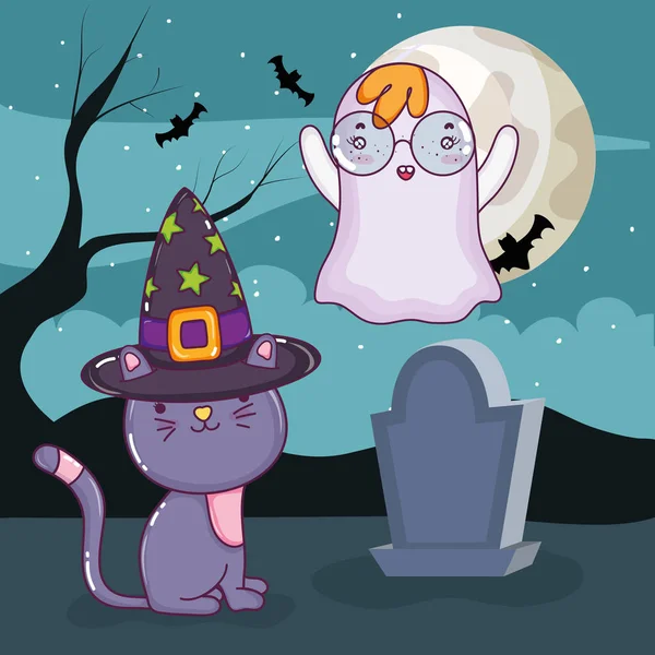Halloween Gato Fantasma Con Elementos Miedo Lindo Noche Vector Ilustración — Vector de stock