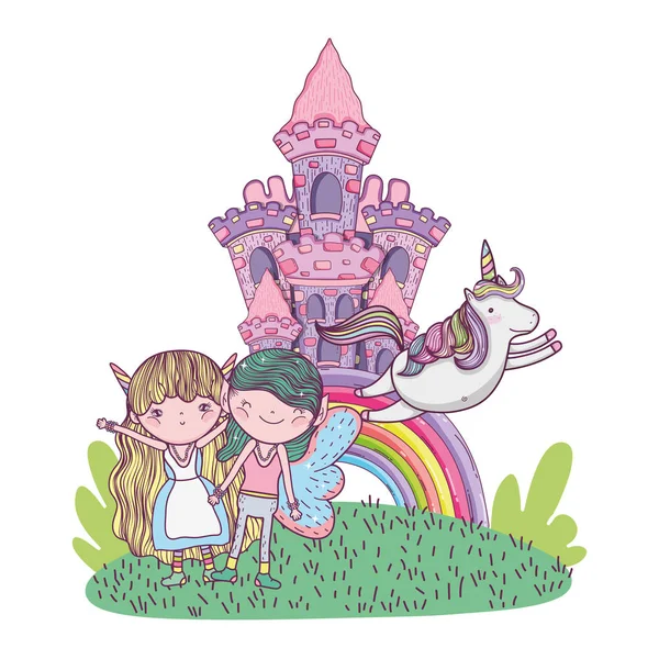 Niedliche Kleine Feen Paar Mit Schloss Und Regenbogen Vektor Illustration — Stockvektor