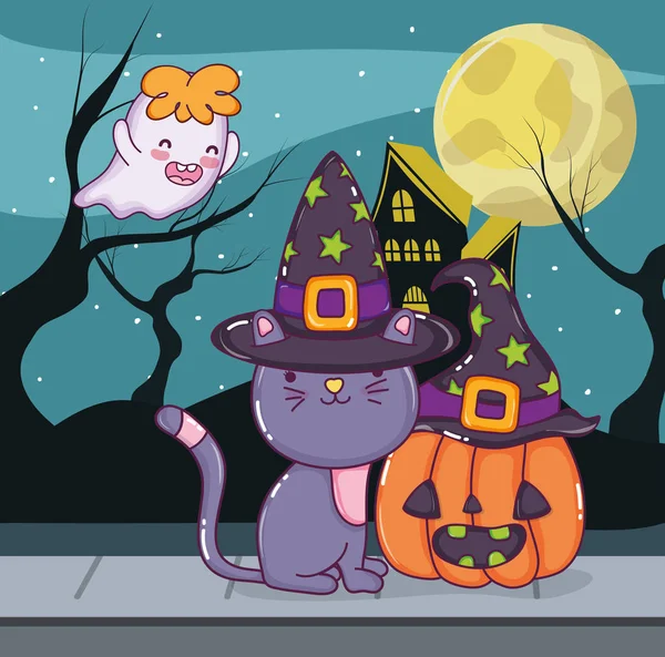 Notte Halloween Con Gatto Fantasma Carino Cartoni Animati Vettore Illustrazione — Vettoriale Stock