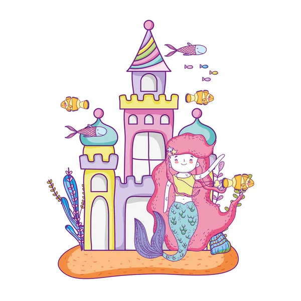 Meerjungfrau Mit Schloss Unterwasser Szene Vektor Illustration Design — Stockvektor