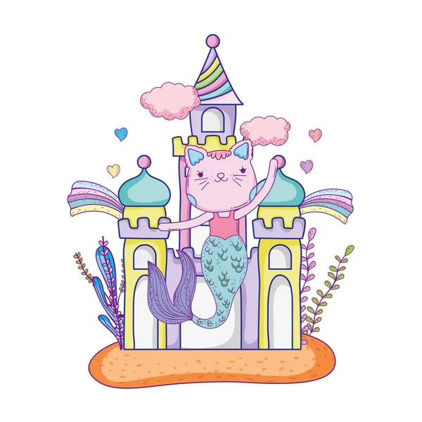 Purrmaid Mignon Avec Conception Illustration Vectorielle Sous Marine Château — Image vectorielle