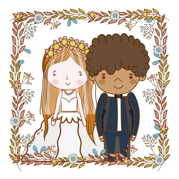 Ζευγάρι Γάμο Αφήνει Snd Λουλούδια Στεφάνι Χαριτωμένα Κινούμενα Σχέδια Διανυσματικά — Διανυσματικό Αρχείο