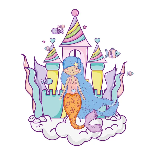 Sereia Bonito Com Castelo Undersea Cena Vetor Ilustração Design — Vetor de Stock