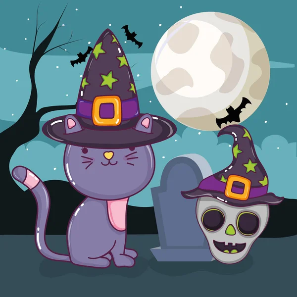 Gato Halloween Con Elementos Miedo Lindo Noche Vector Ilustración Diseño — Vector de stock