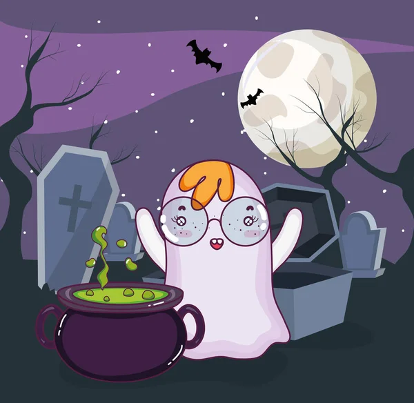 Halloween Szellem Repülés Körül Temető Éjszaka Vektoros Illusztráció Grafikai Tervezés — Stock Vector