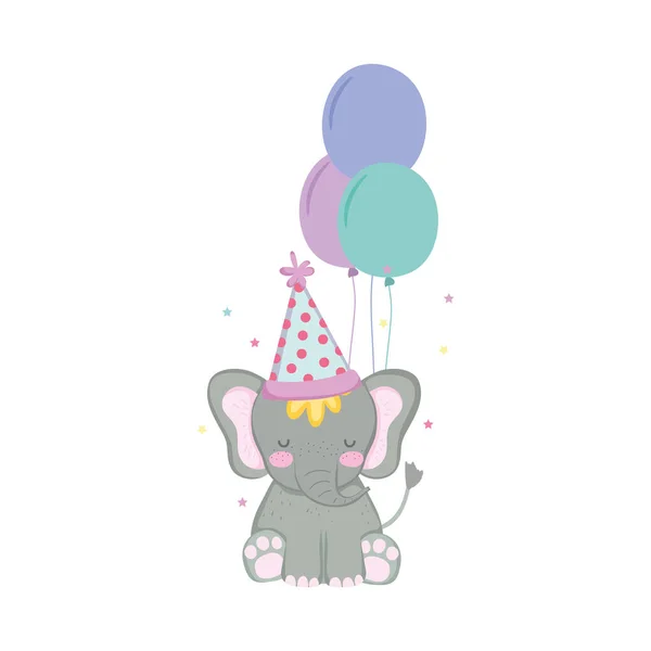 Cute Little Elephant Party Hat Balloons Air Vector Illustration — Stock Vector