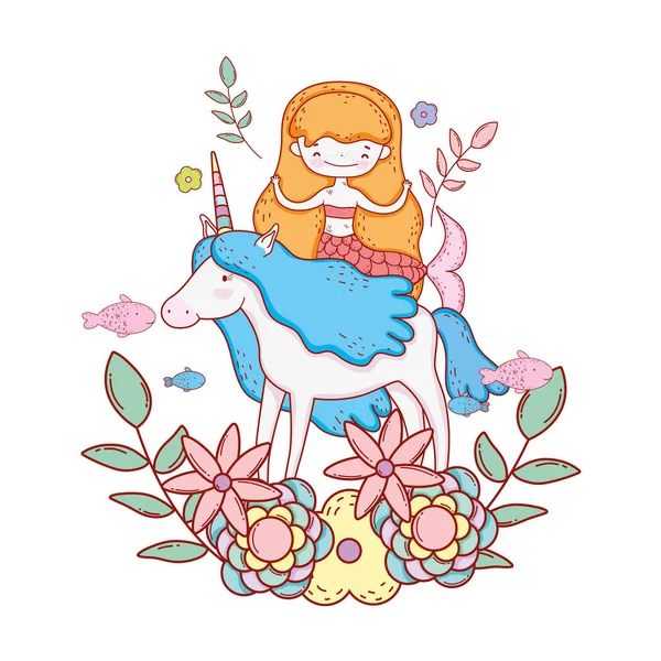 Putri Duyung Lucu Dengan Unicorn Dan Hiasan Bunga Vektor Ilustrasi - Stok Vektor