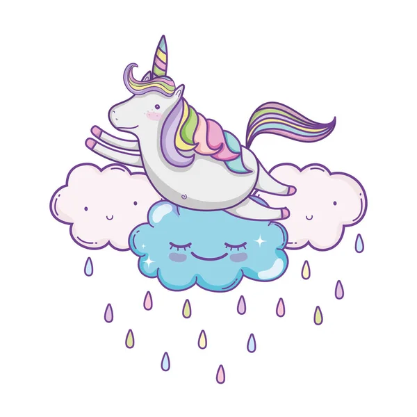 Unicornio Volando Sobre Nubes Lluvia Lindos Dibujos Animados Vector Ilustración — Archivo Imágenes Vectoriales