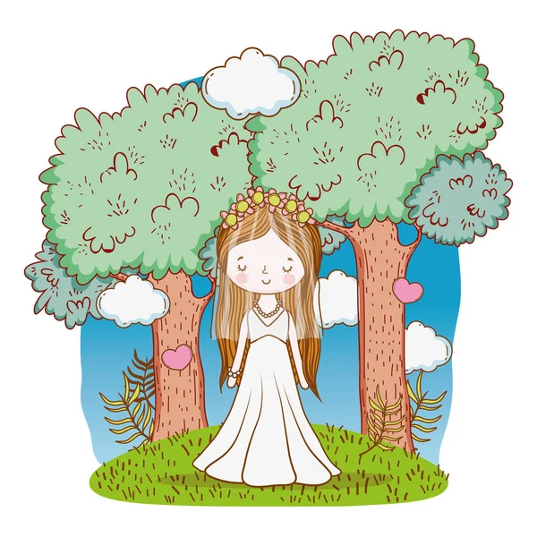 Sposa Matrimonio Carino Con Abito Foresta Fumetto Vettore Illustrazione Grafica — Vettoriale Stock