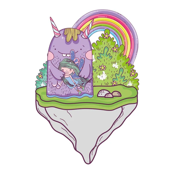 フィールドと虹のベクトル イラスト デザインのモンスターと小さな妖精 — ストックベクタ