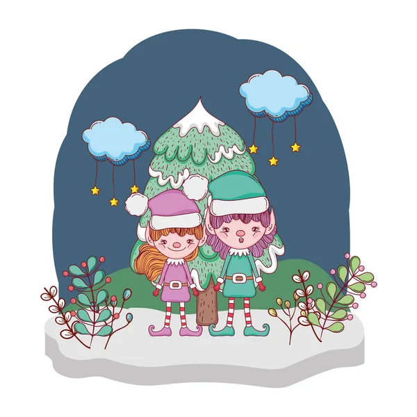 Mignon Santa Helpers Couple Dans Paysage Neige Vectoriel Illustration Design — Image vectorielle