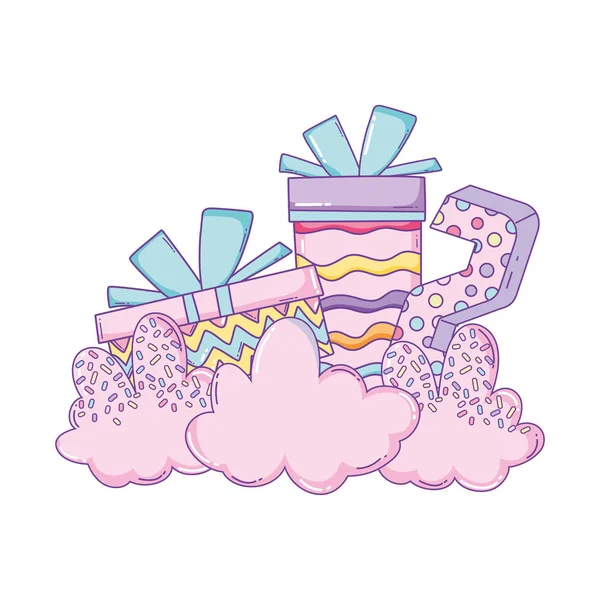 Feliz Cumpleaños Número Dos Con Pastel Cajas Regalo Nubes Dibujos — Archivo Imágenes Vectoriales