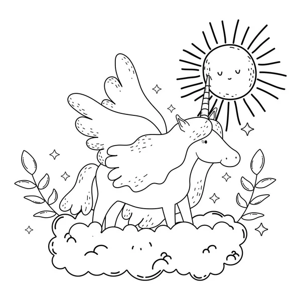 Słodkie Bajki Jednorożca Chmury Słońce Wektor Ilustracja Projektu — Wektor stockowy