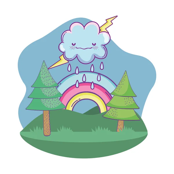 Lindo Paisaje Con Nubes Arco Iris Vector Dibujos Animados Ilustración — Vector de stock